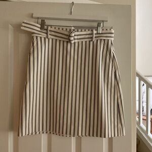 Ann Taylor Cream and Black Striped Belted A-Line Skirt